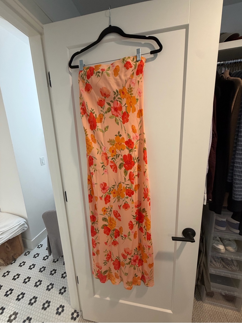 RESA Strapless Peach Floral Maxi Dress with Red and Yellow Blooms